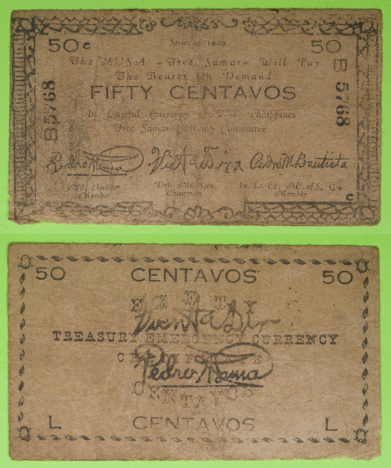 1943 Philippines ~ FREE SAMAR 50 Centavos ~ WWII Emergency Note ~ SMR-134