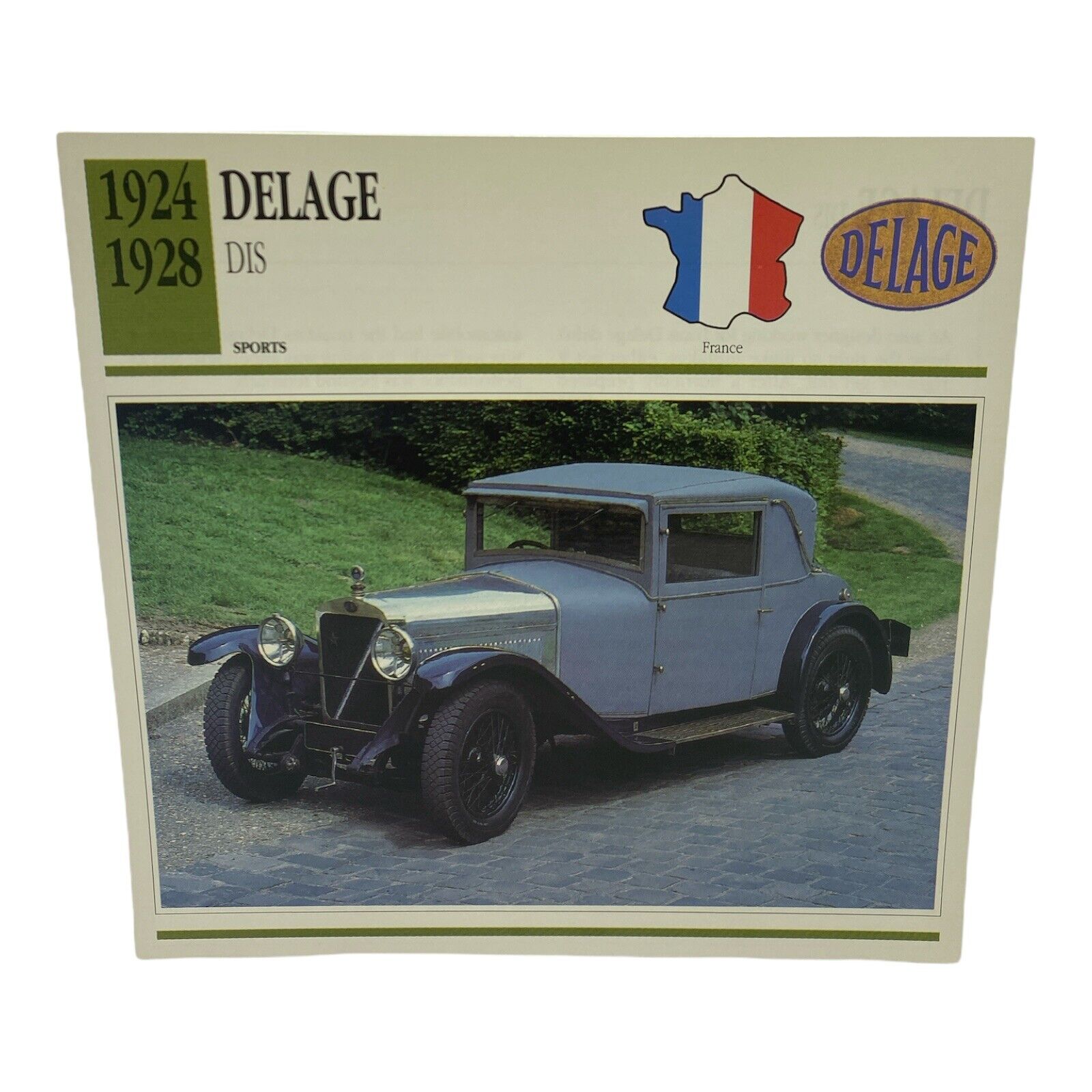 Cars of The World - Single Collector Card Edito-Service 1924 1928 Delage DIS