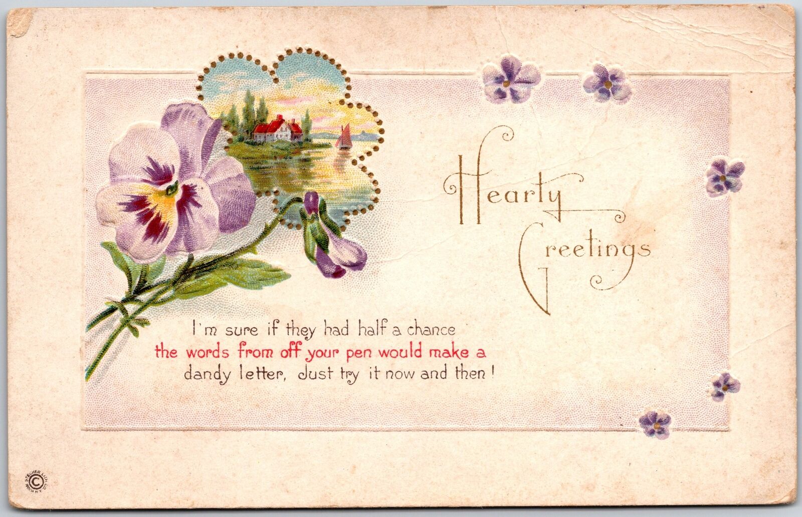 1924 Hearty Greetings Violet Flowers Wishes & Greetings Posted Postcard