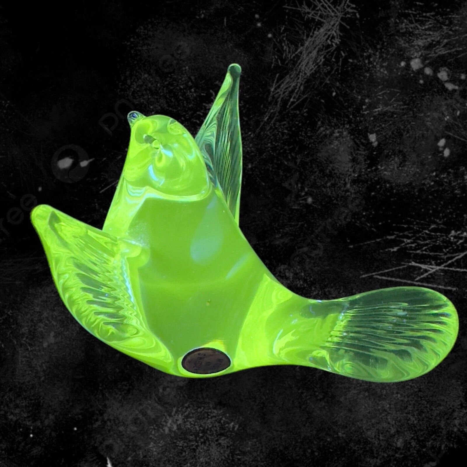 Swedish Clear Glass Bird Open Wings Figurine Paperweight Manganese 365nm Green