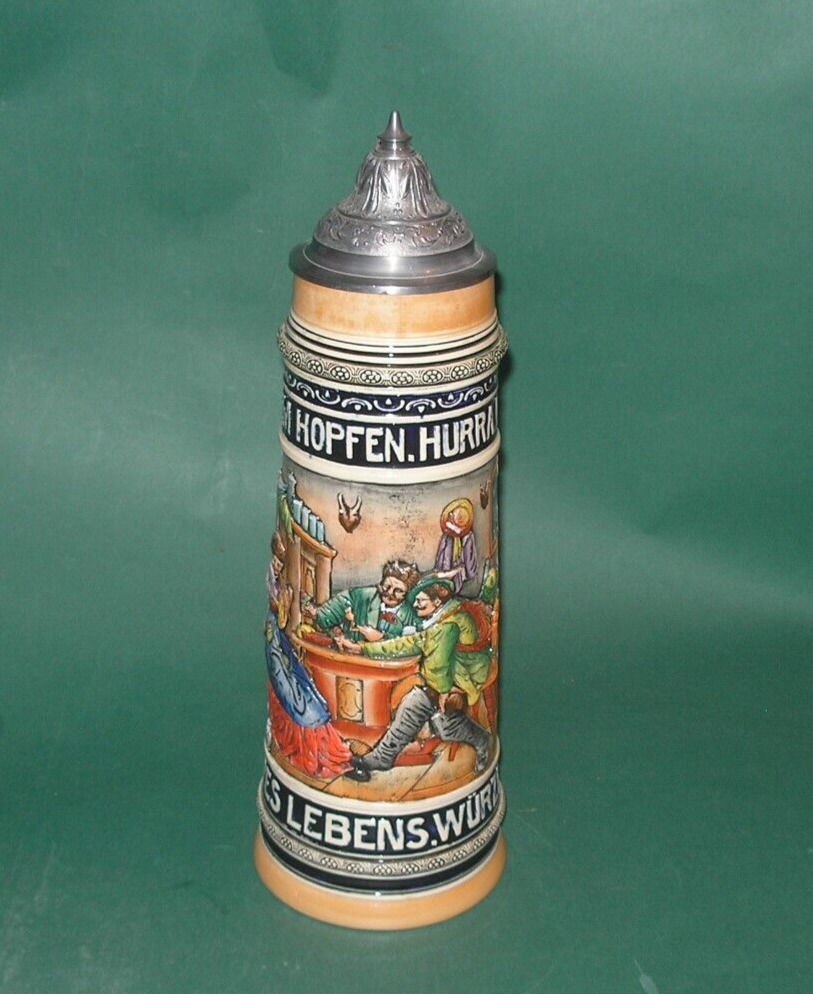 Antique Large Beer Stein By J. P. Thewalt Woman with Two Suitors 1088 2 Litre