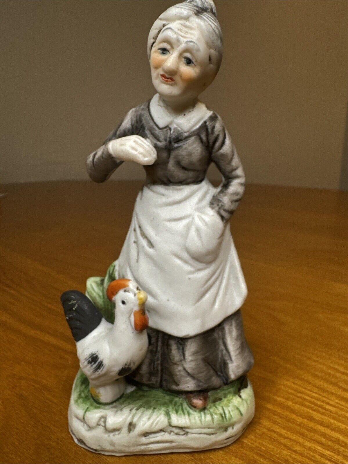 Vintage Bisque Porcelain Old Woman Farmer Wife Tending  Chicken