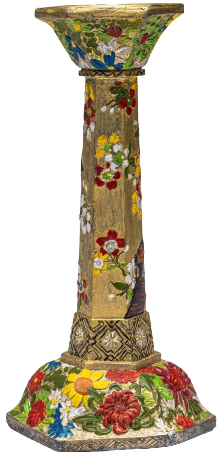 Antique 1820’s Handmade European Floral Cloisonné Hexagonal Base Candle Holder
