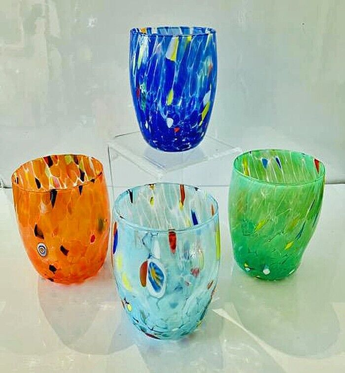 ARLECCHINO MILLEFIORI MURANO STEMLESS WINE - OLD FASHIONED GLASSES - SET OF 4