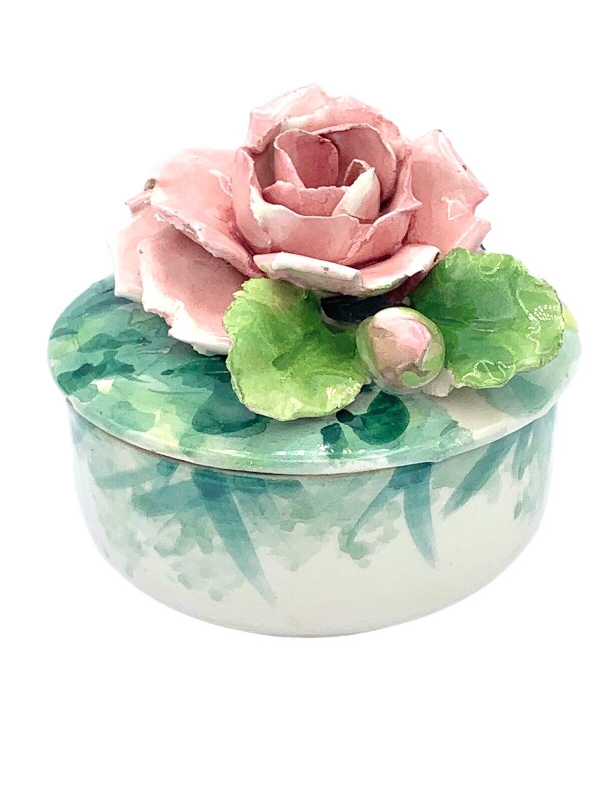 Vintage Capodimonte Flower Dresser Trinket Round Box Ceramic Floral Pinks Greens