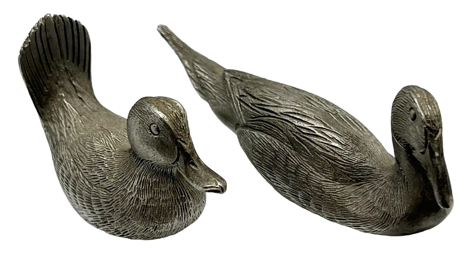 Bill Callahan Signed Pewter Duck Pair (2) Unpainted Metal Figurines Decoys