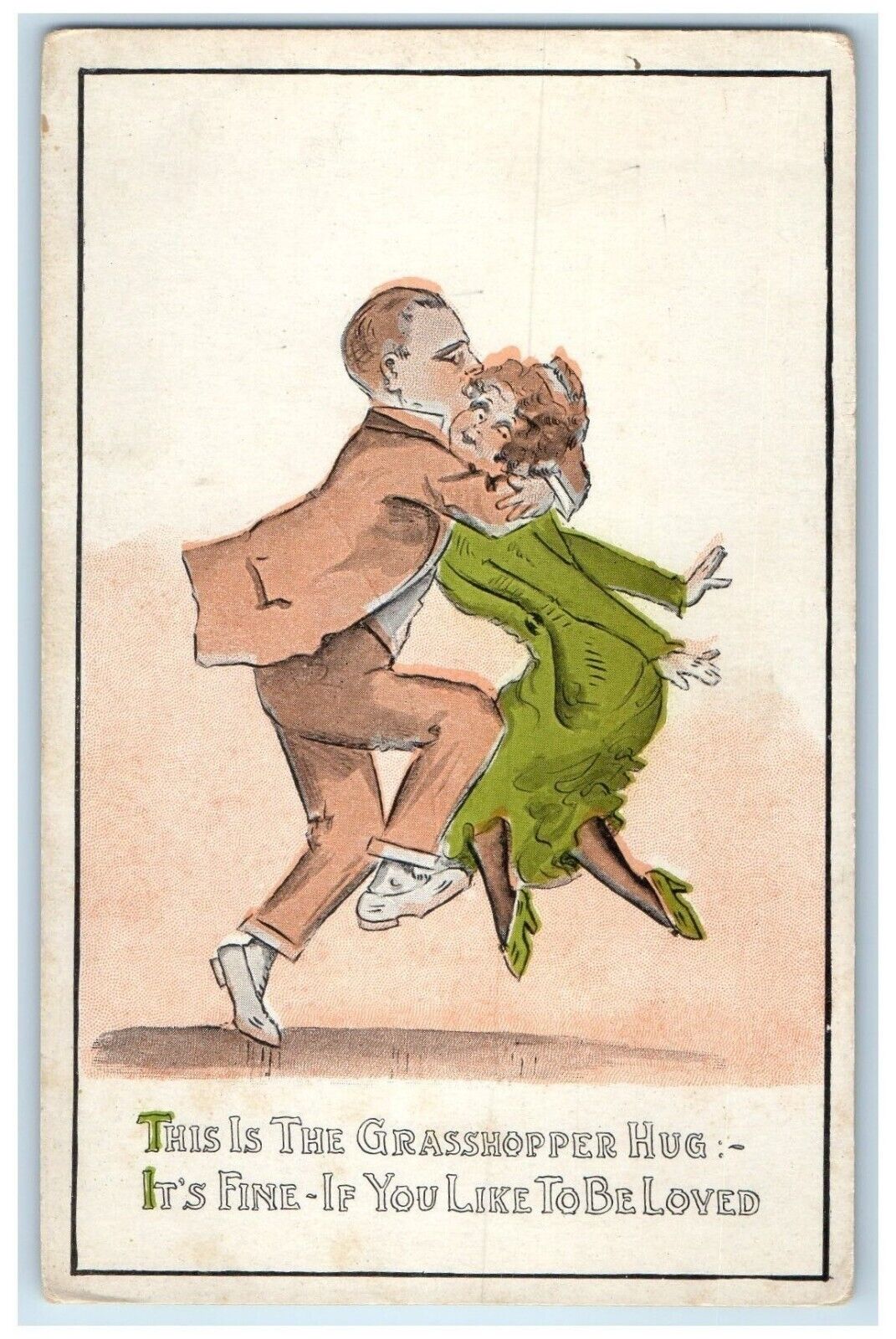 c1910's Sweet Couple Romance Grasshopper Hug Unposted Antique Postcard