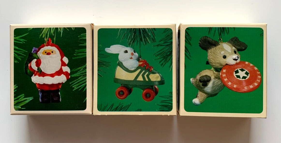 3 Hallmark 1983-84 Ornaments ~ Jolly Santa, Frisbee Puppy, Roller Skating Rabbit