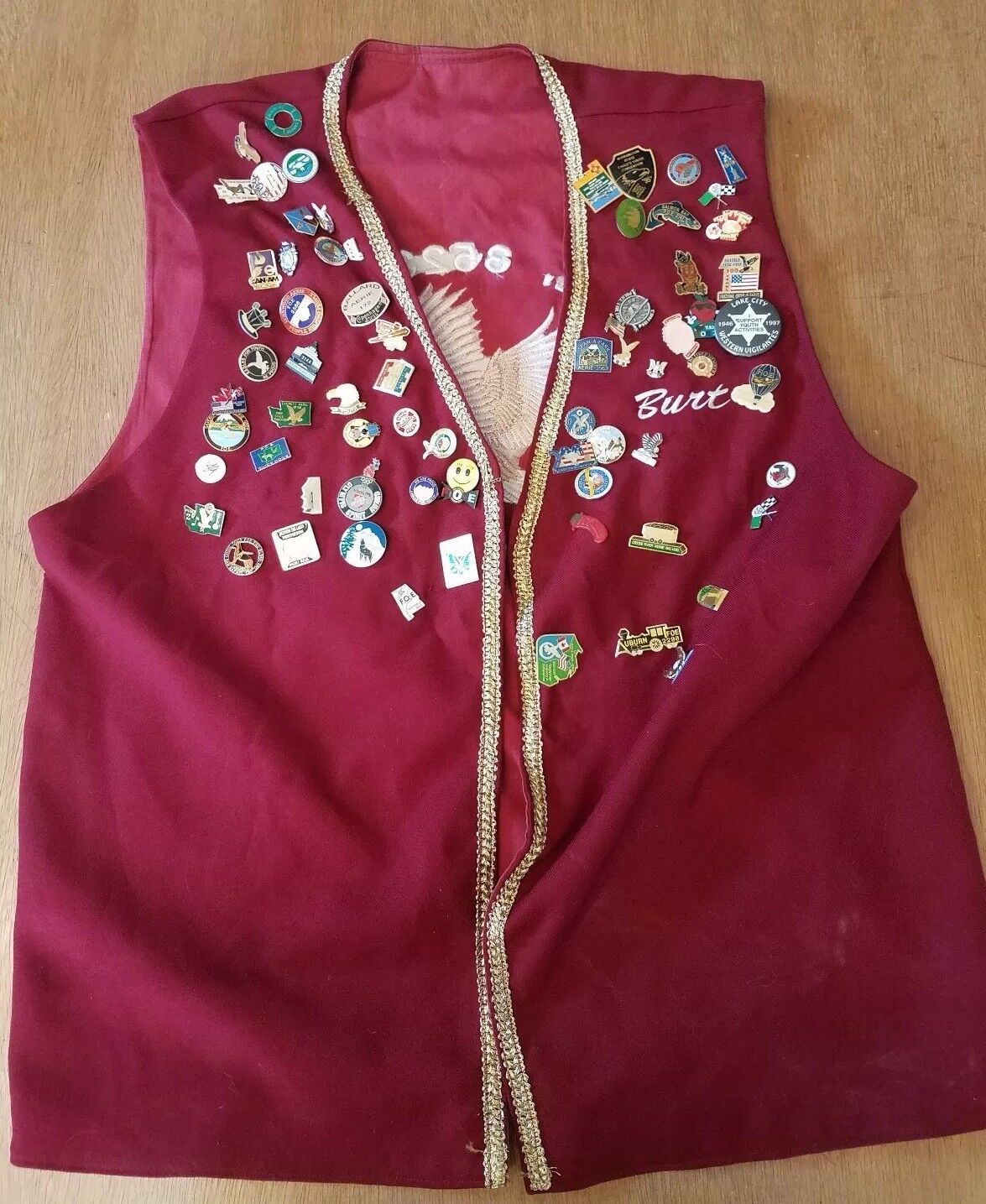 Vintage Fraternal Order of Eagles Vest 3523 Aerie with 70 Pins and Tacks