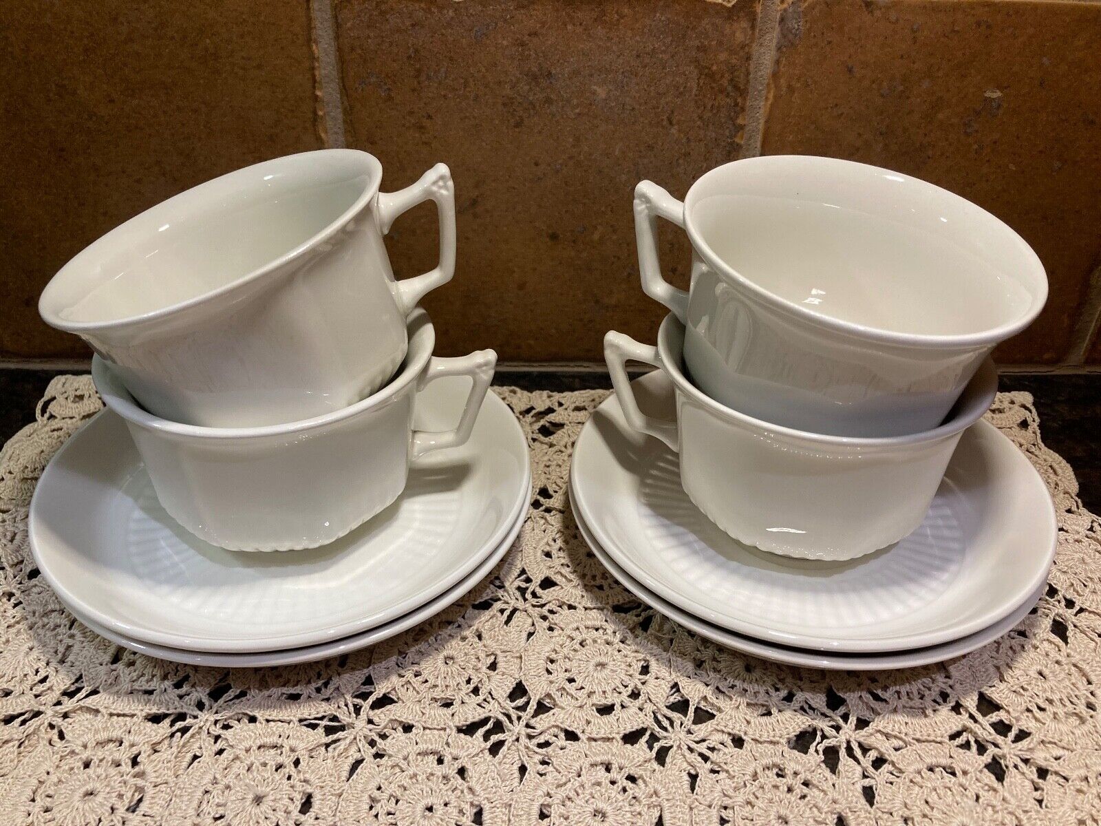 Adams English Ironstone White EMPRESS 4 Coffee Cups & Saucers Vintage