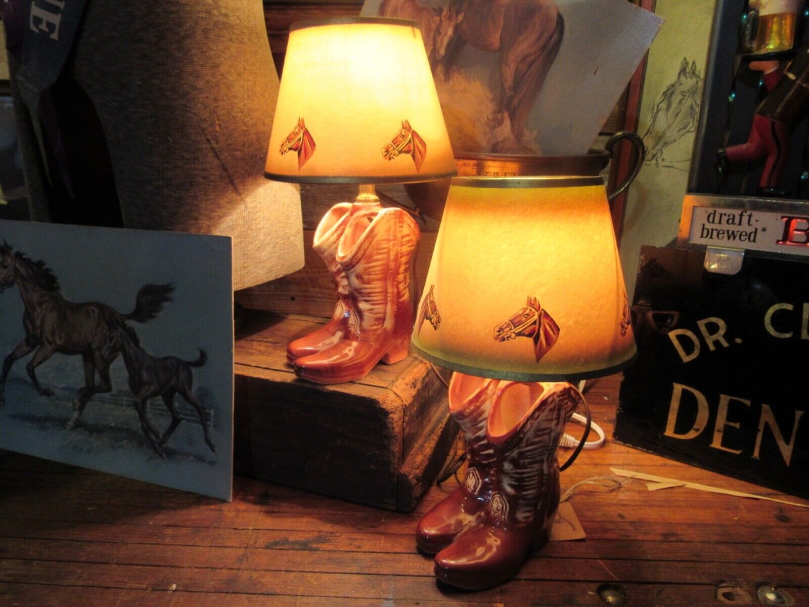Vintage SET McCoy Cowboy Boots Table Lamp With Original Shades - THEY WORK