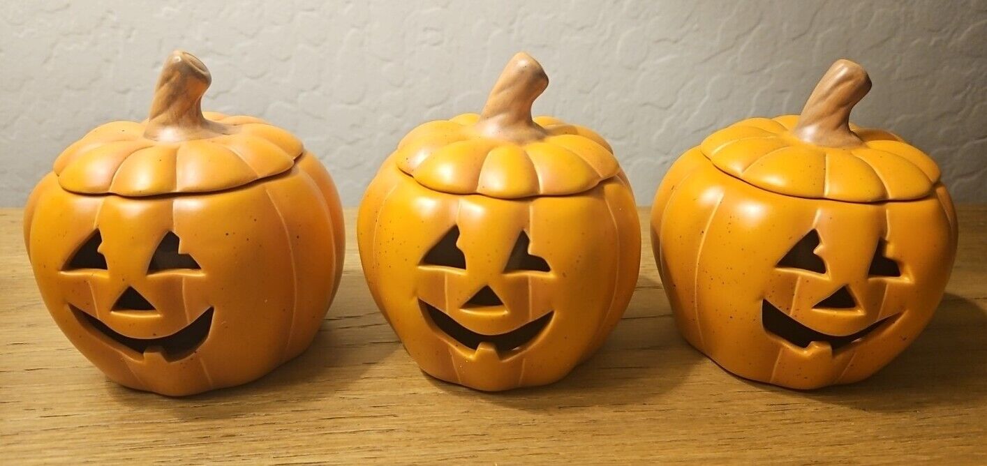 Partylite Halloween Decor Votive Candle Trio x3 Jack O Lantern Pumpkin Ceramic