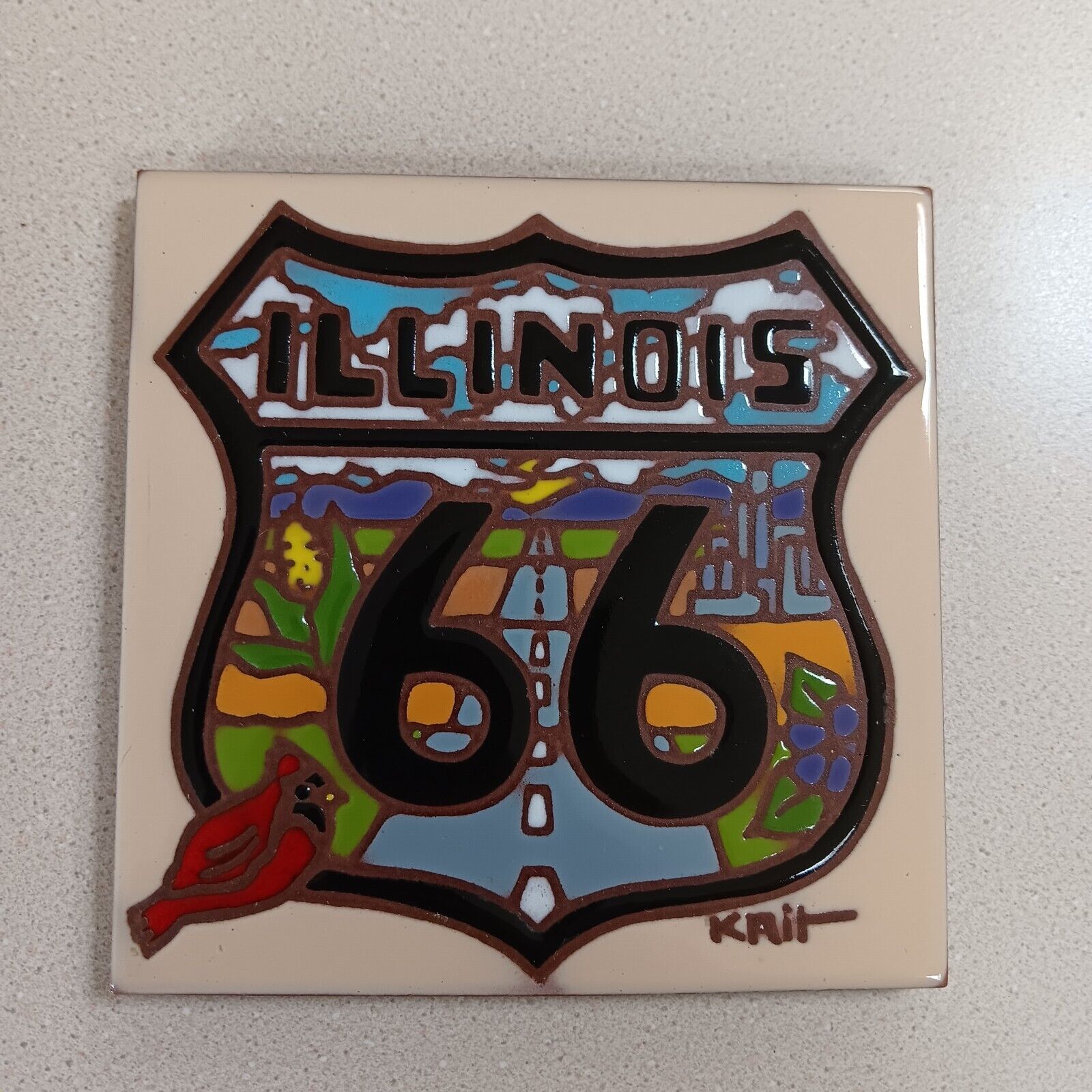 Vintage Illinois Route 66 Colorful Ceramic Tile Very Nice