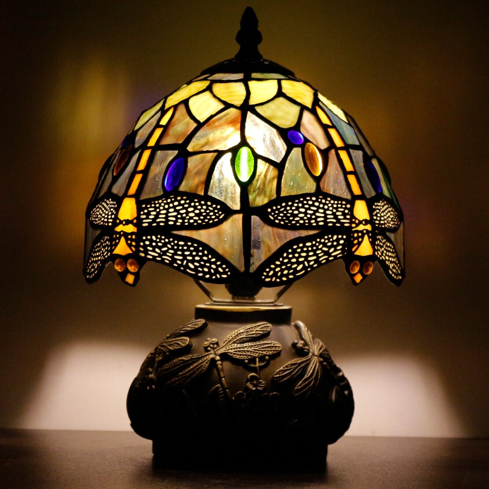 Small Tiffany Table Lamp Yellow Dragonfly Style Stained Glass Desk Lamp 10 INCH