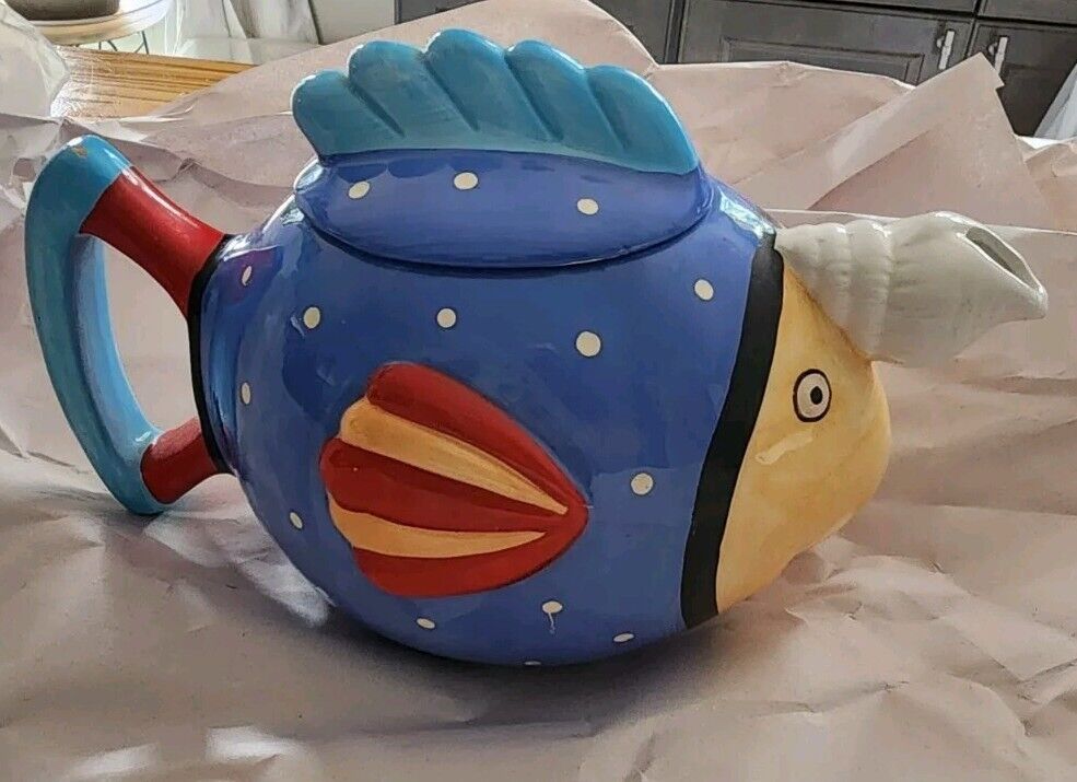 Vintage Coco Dowley Colorful Fish With Shell Teapot Pot Pitcher