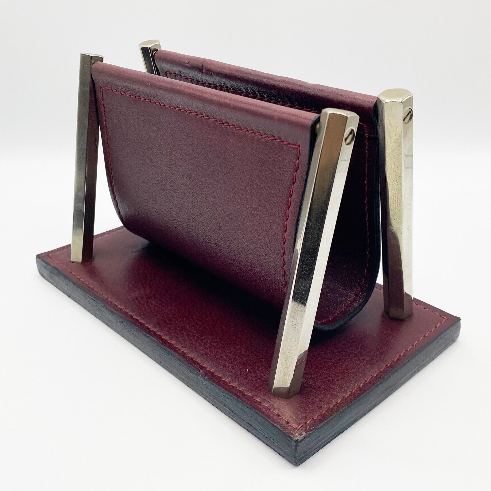 BAGUET Vintage Designer Leather & Chrome Desktop Letter Holder - Made in Belgium