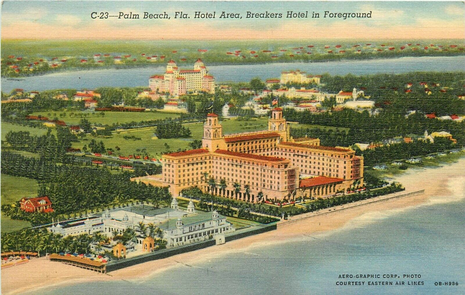 Palm Beach Florida Hotel Area Breakers Hotel Aerial View FL Postcard