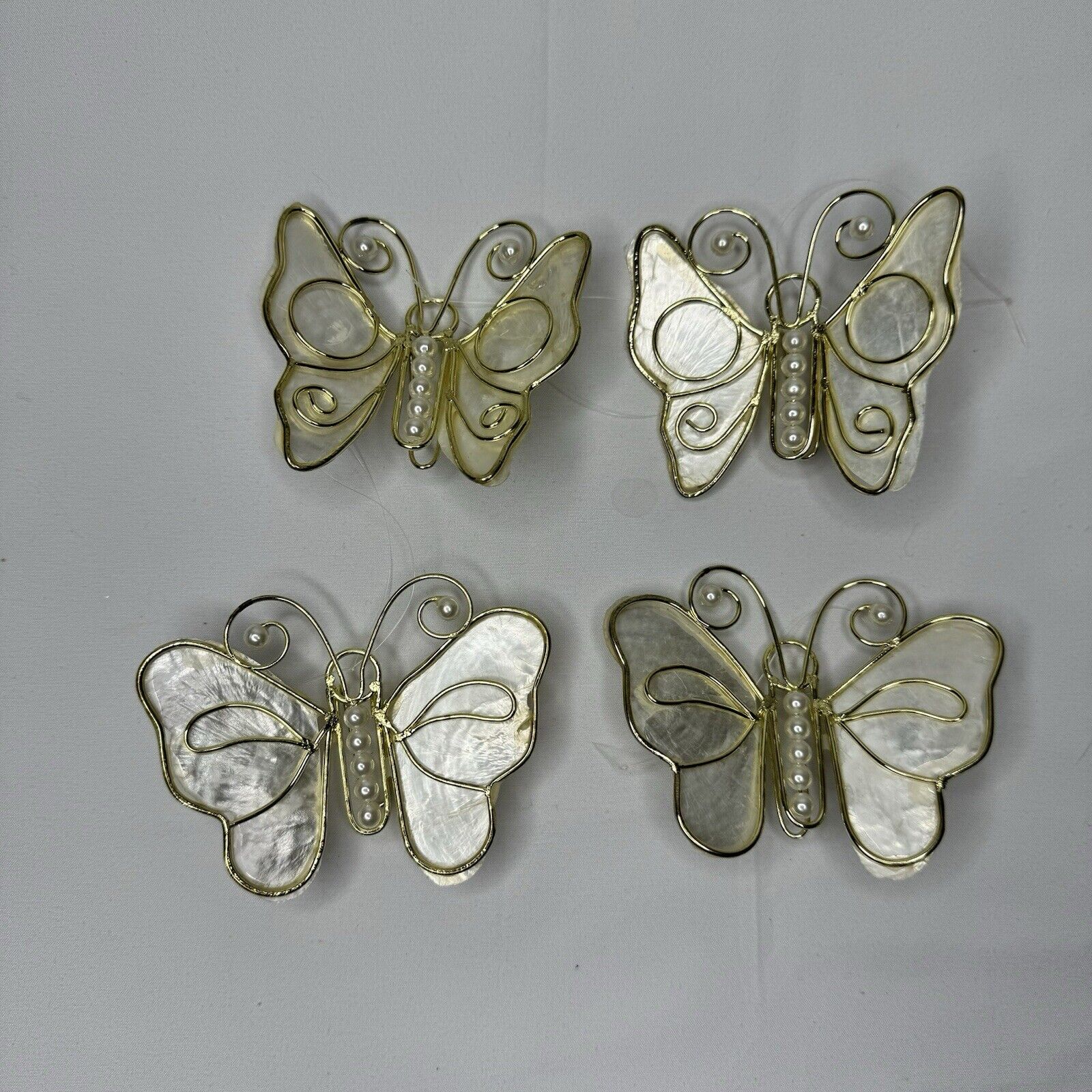 Vintage Capiz Shell Butterfly Ornaments Lot Of 4 Hooks Gold Tone Trim Faux Pearl