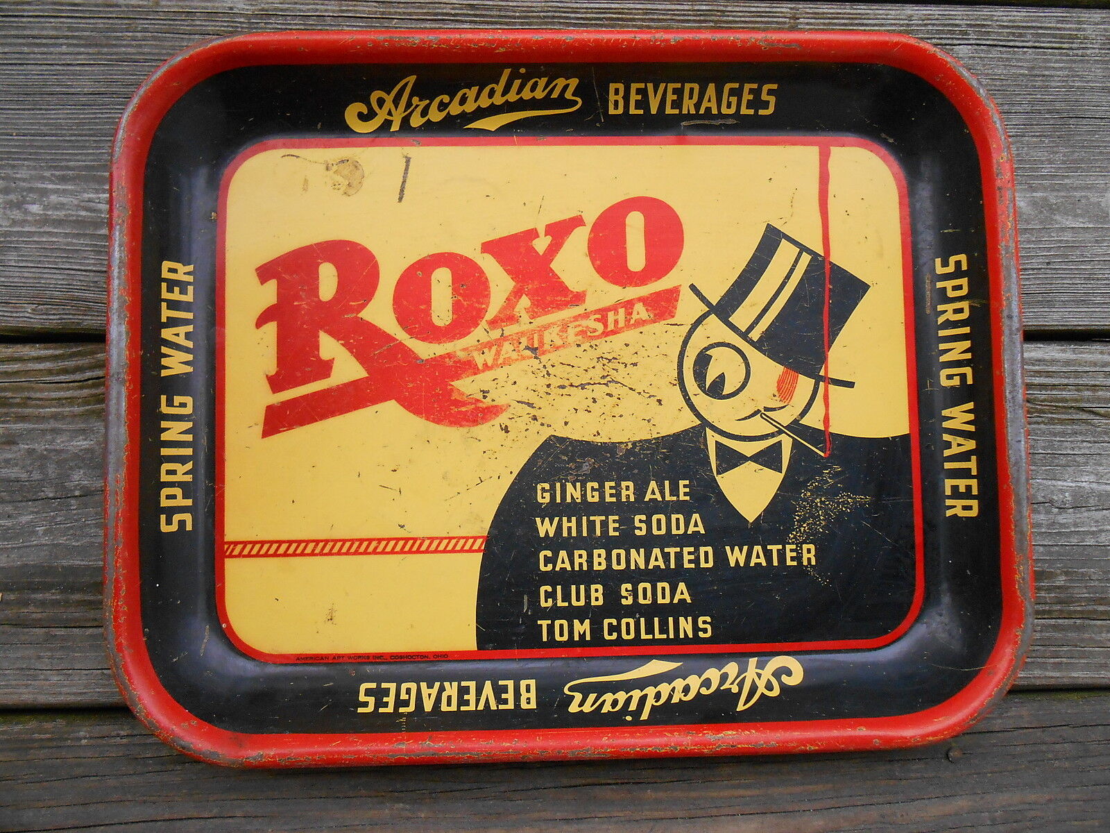Old Arcadian Beverages Roxo Spring Water Ale Soda Tom AD Tray Waukesha Wisconsin