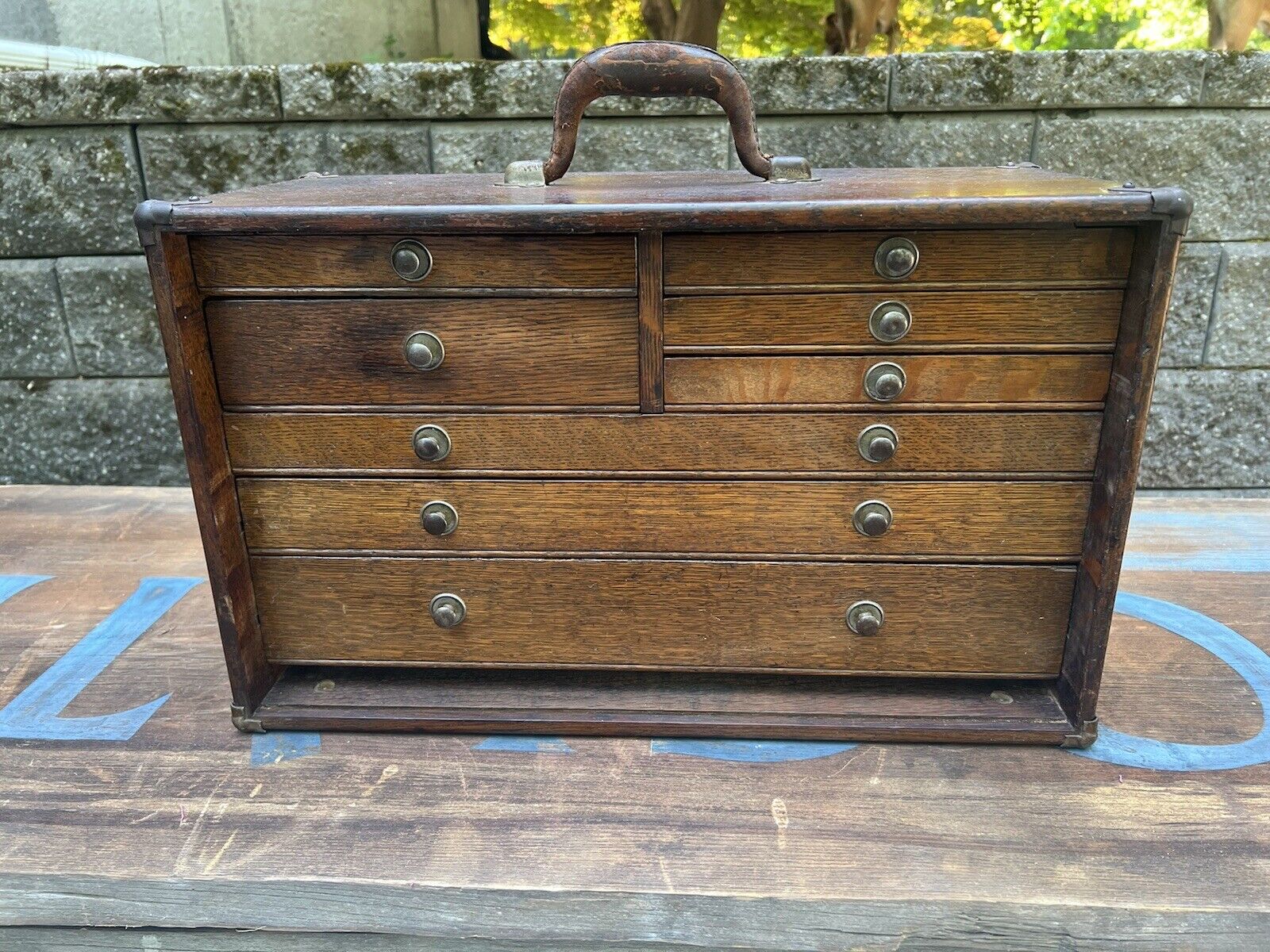 Vintage Wooden 8 Drawer Machinist Tool Chest (Union?) Full Of Tools. Starrett ++