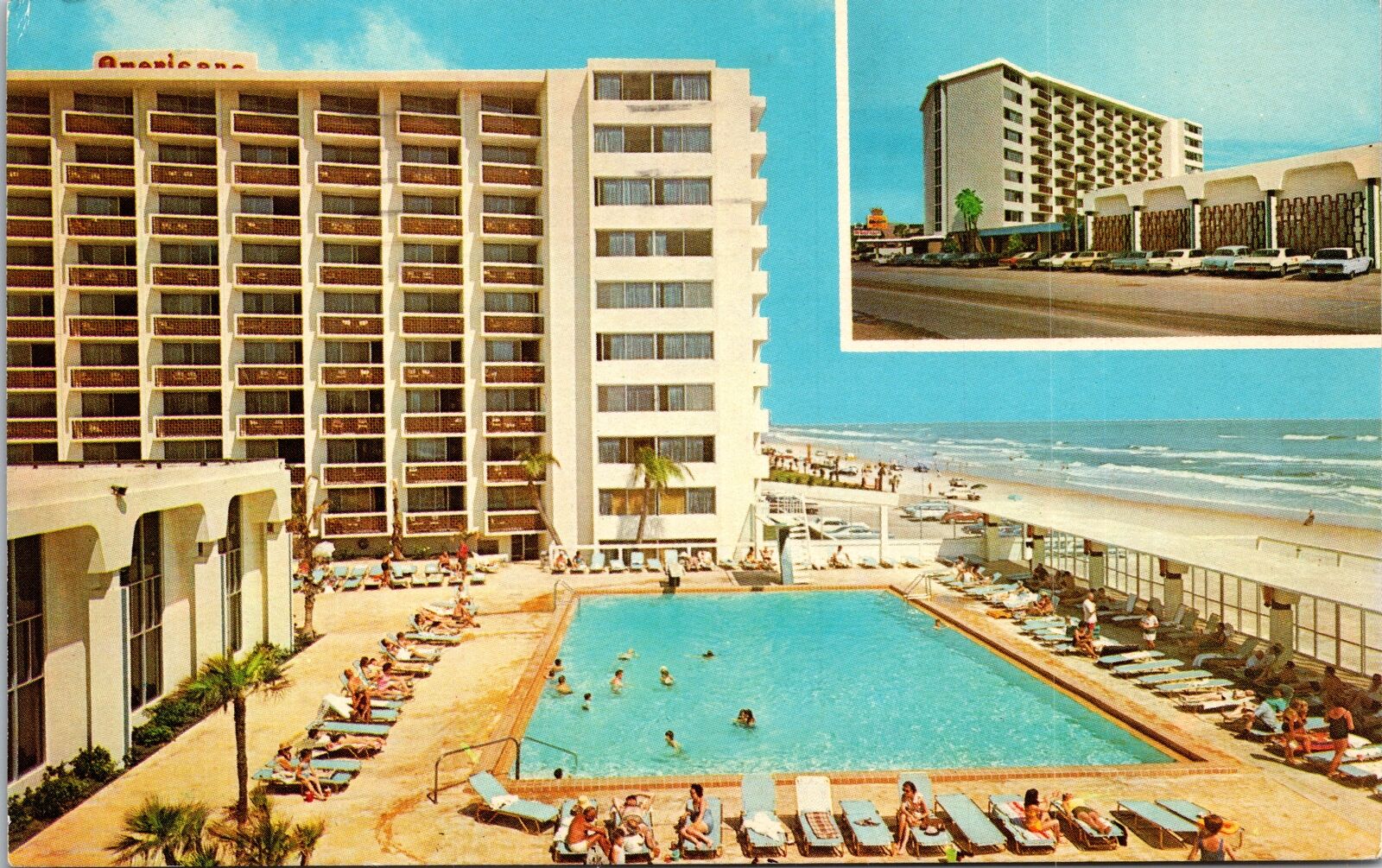 VINTAGE POSTCARD BATHING AREA AMERICANO LODGE DAYTONA BEACH FLORIDA 1975