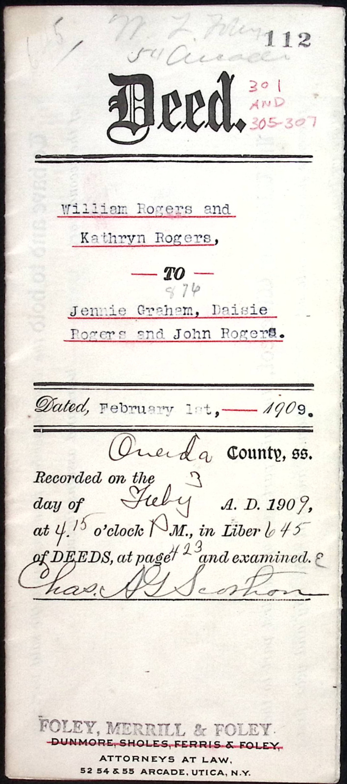 1909 Indenture Deed ONEIDA COUNTY NY Wm & Kathryn Daisie Rogers Jennie Graham