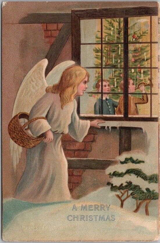 MERRY CHRISTMAS Embossed Postcard Angel at Window / Xmas Tree Scene 1908 Cancel