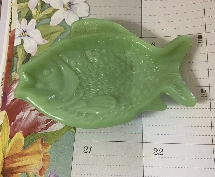 Green Jadeite  Fish Trinket Dish 3 1/2 X 5” Or Soap Dish