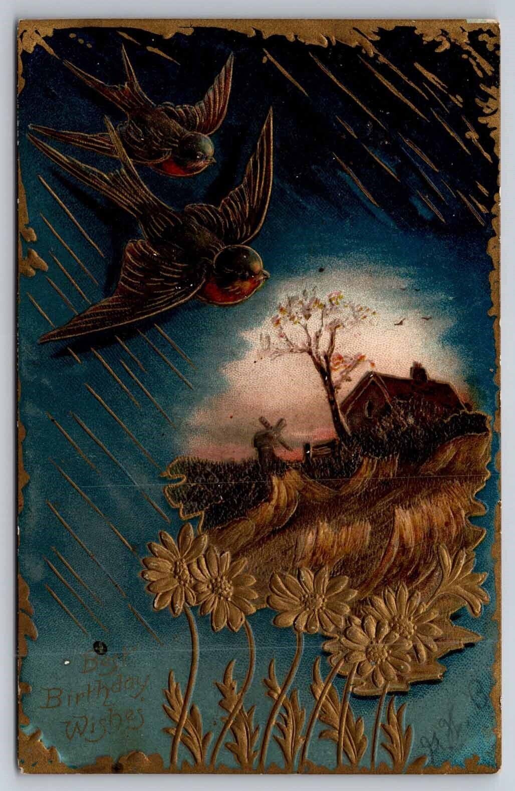 eStampsNet - 1908 Embossed Postcard Robins, Flowers, Windmill 