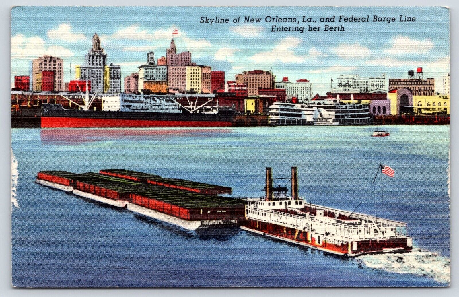Louisiana Skyline New Orleans Federal Barge Line Entering Berth Vintage Postcard