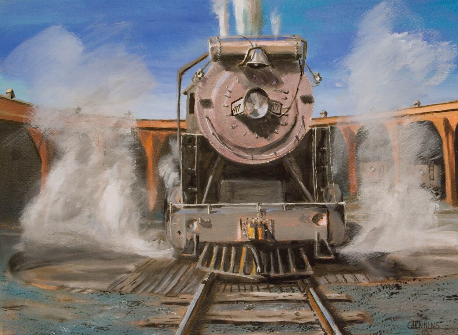 Original Oil Painting  Steam Locomotive  Railroad Trains American Artist