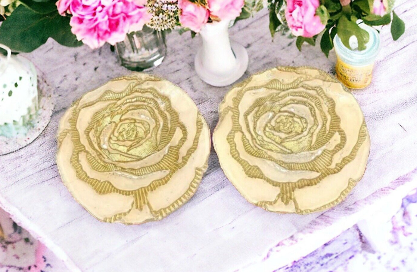 Vintage Rose Floral Gold Plated Collectible Plates (Set of 2)