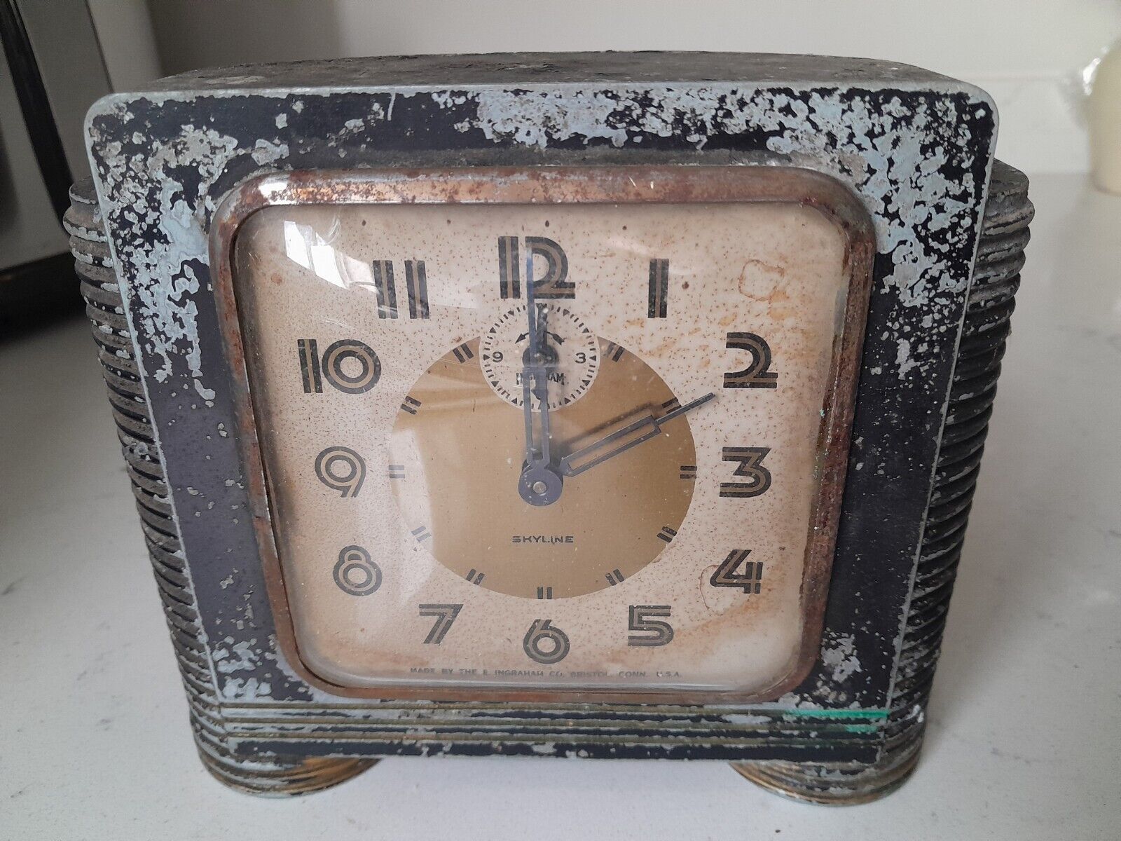 Rare Vintage 1930s Art Deco Metal Skyline Model Ingraham Alarm Clock For Repair