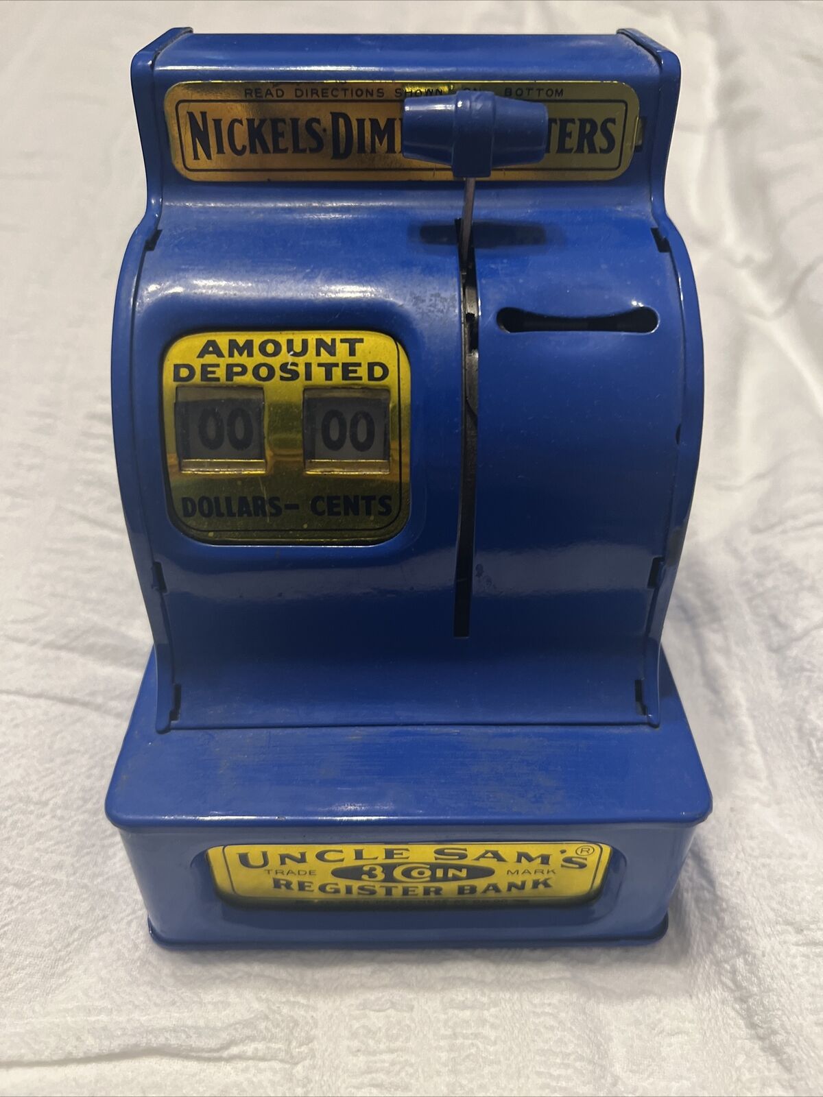 Vintage Blue Tin Litho Uncle Sam's Cash Register 3 Coin Bank Tested and Working