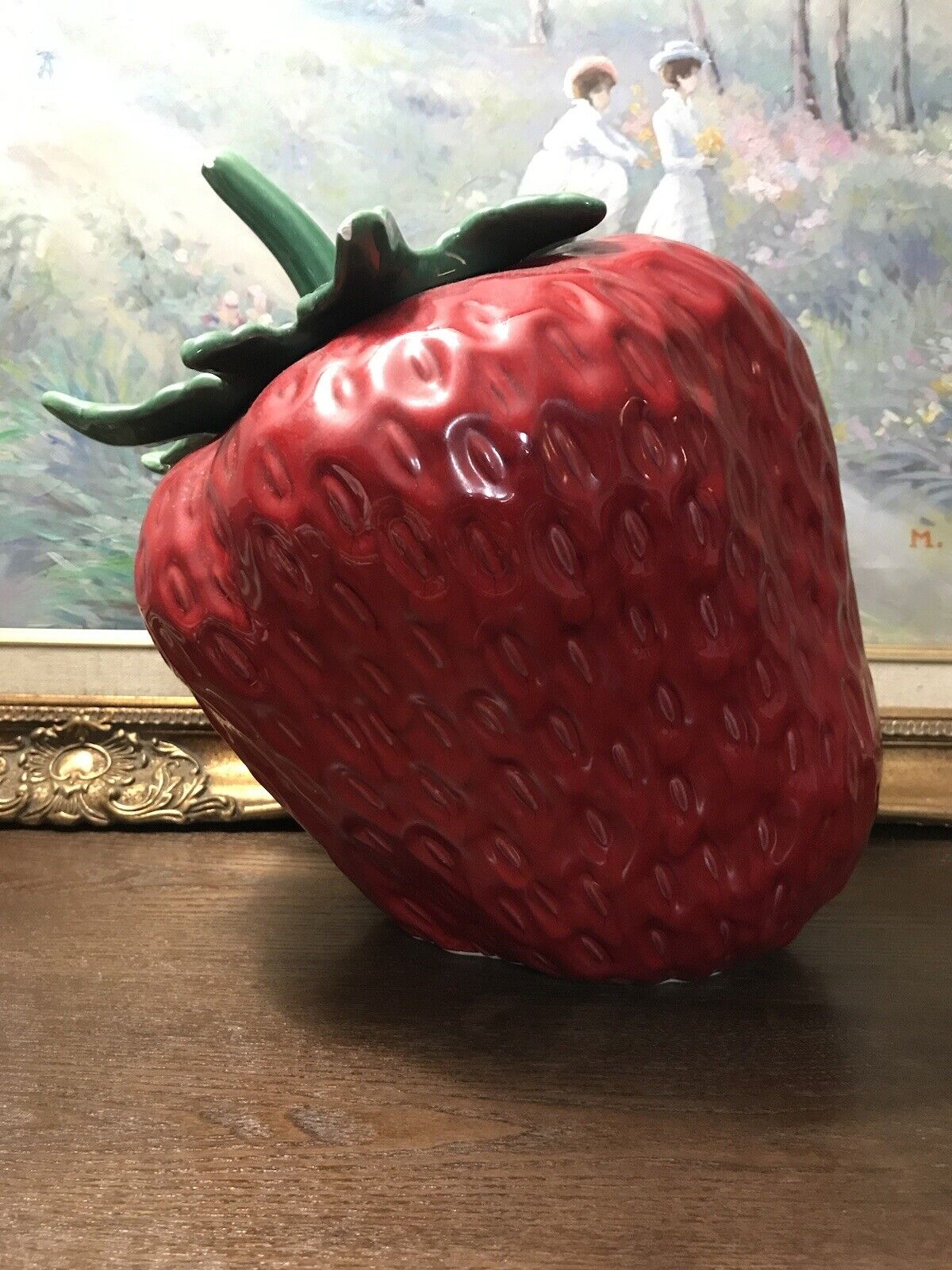 VTG Holiday Designs Tilting Strawberry Cookie Jar Red W Green Stem Lid USA Made