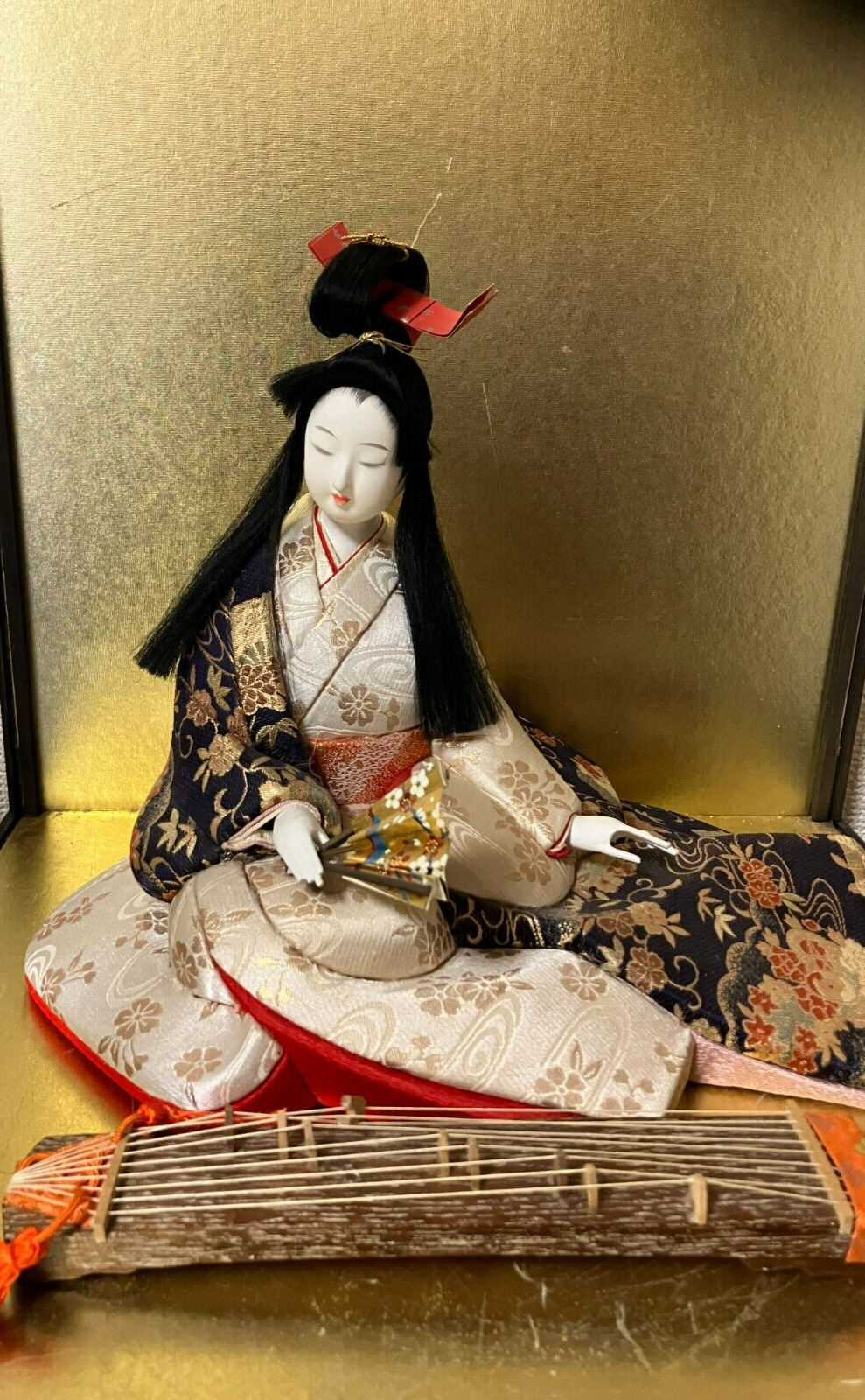 Vintage Japanese Kimekomi Doll Kimono Seated Geisha Koto H:9.8in
