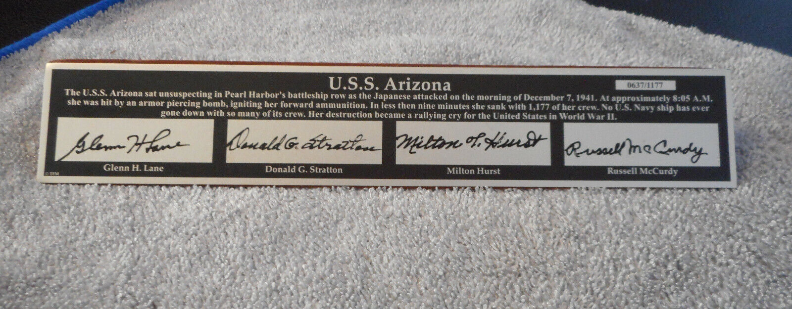 Franklin Mint USS Arizona Signed Nameplate Signature Series Auto Autographed