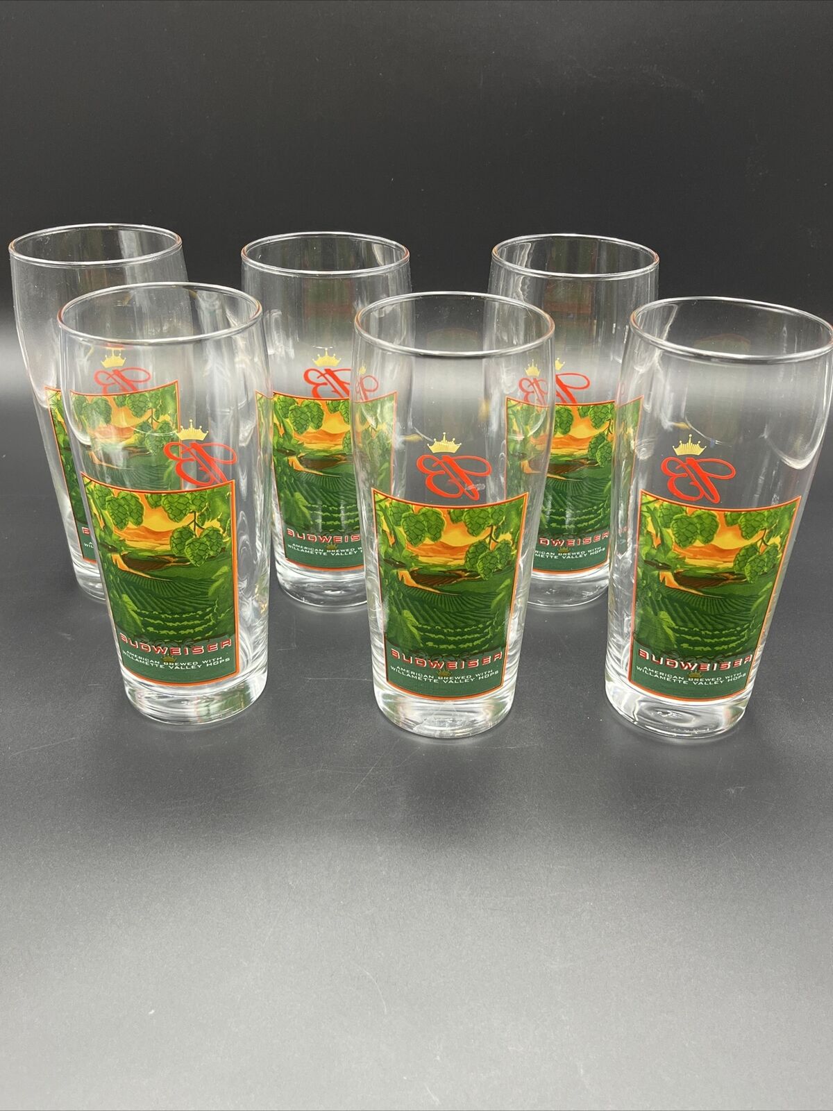 Budweiser Pilsner Glasses set of 6 American Brewed with Willamette Valley Hops