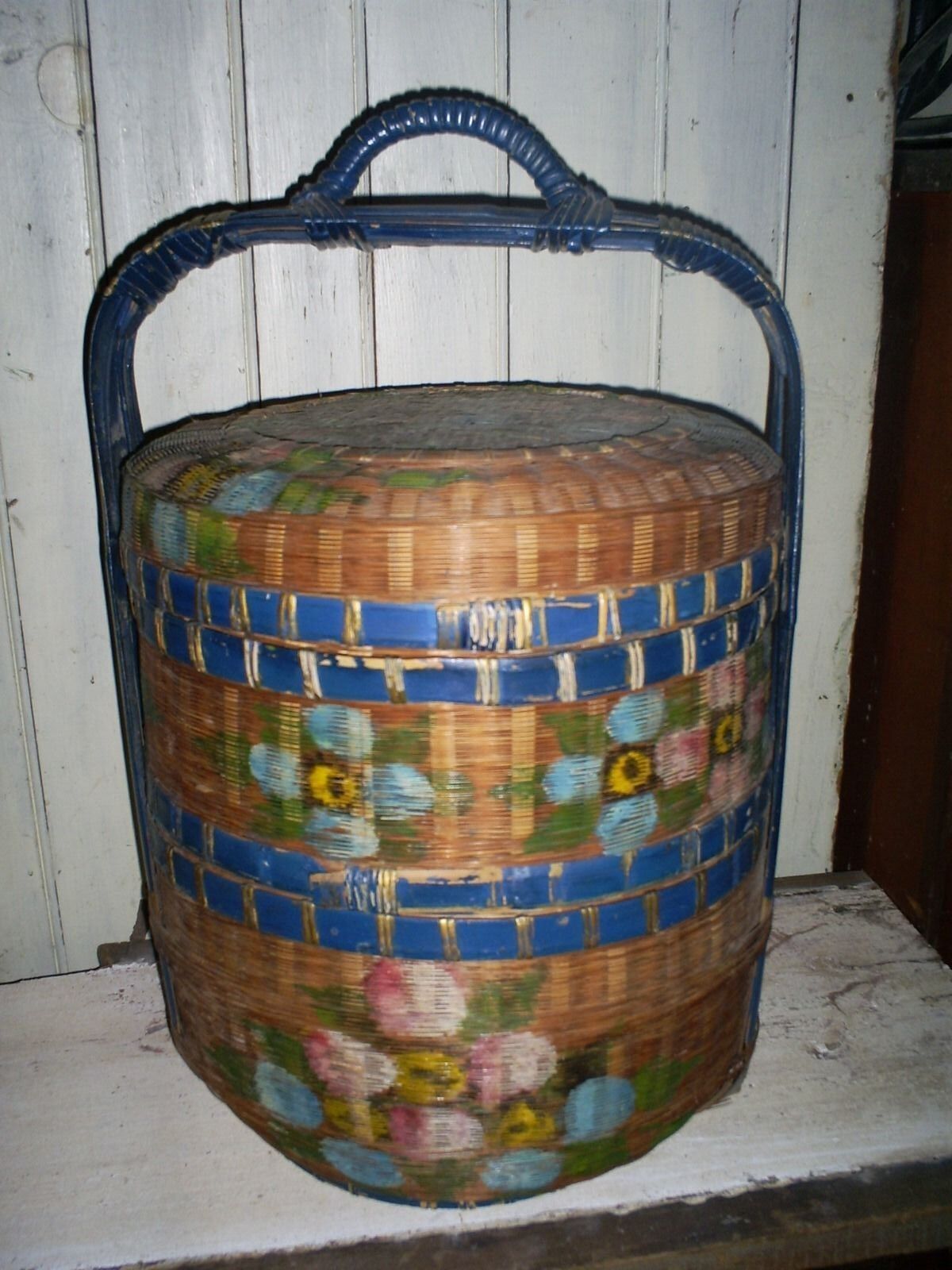 Antique Vintage CHINESE Wicked SEWING BASKET~HANDPAINTED FLORAL SALLY PATCHIN 