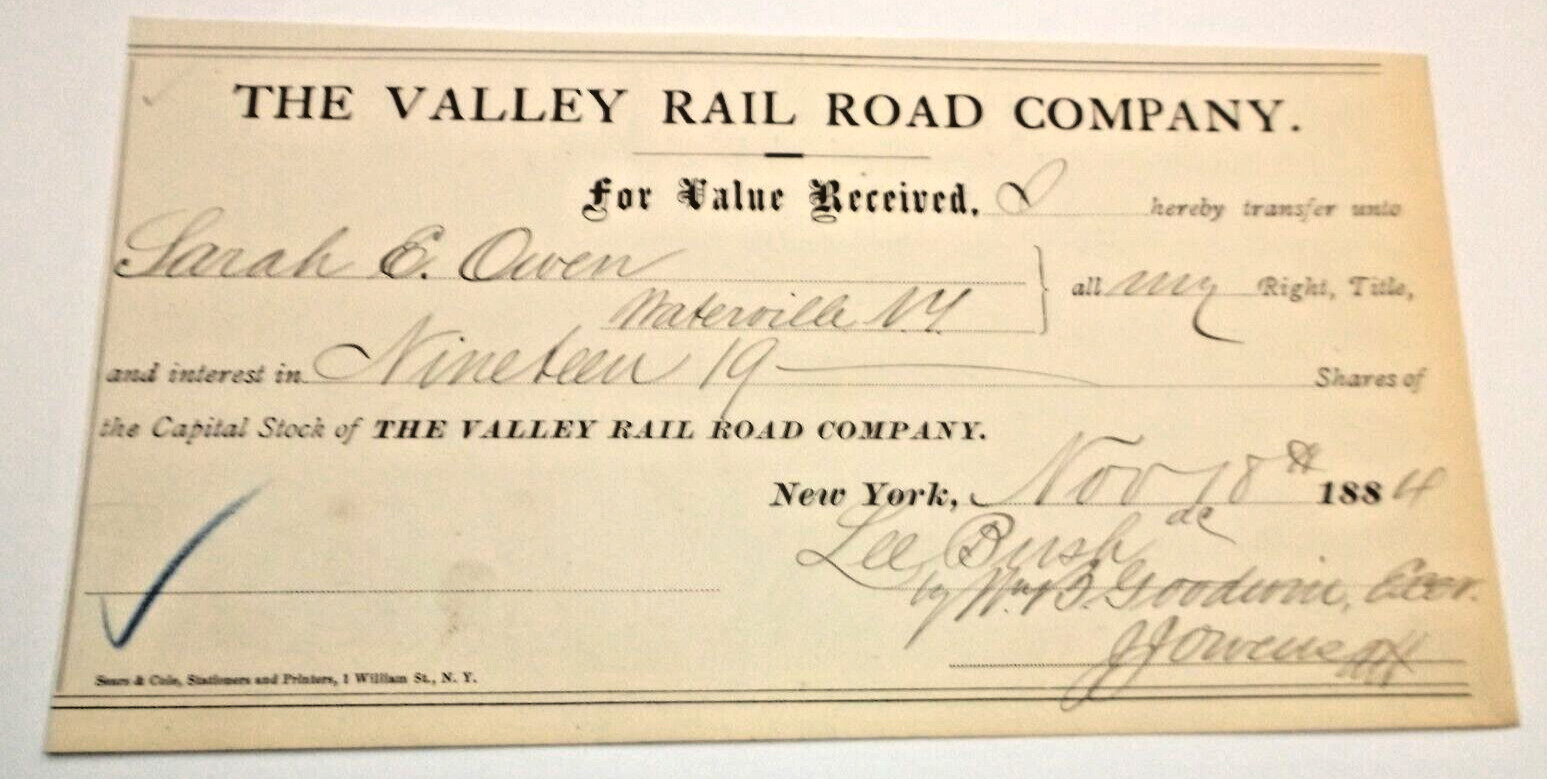 1884 VALLEY RAILROAD CAPITAL STOCK TRANSFER DELAWARE LACKAWANNA & WESTERN DL&W