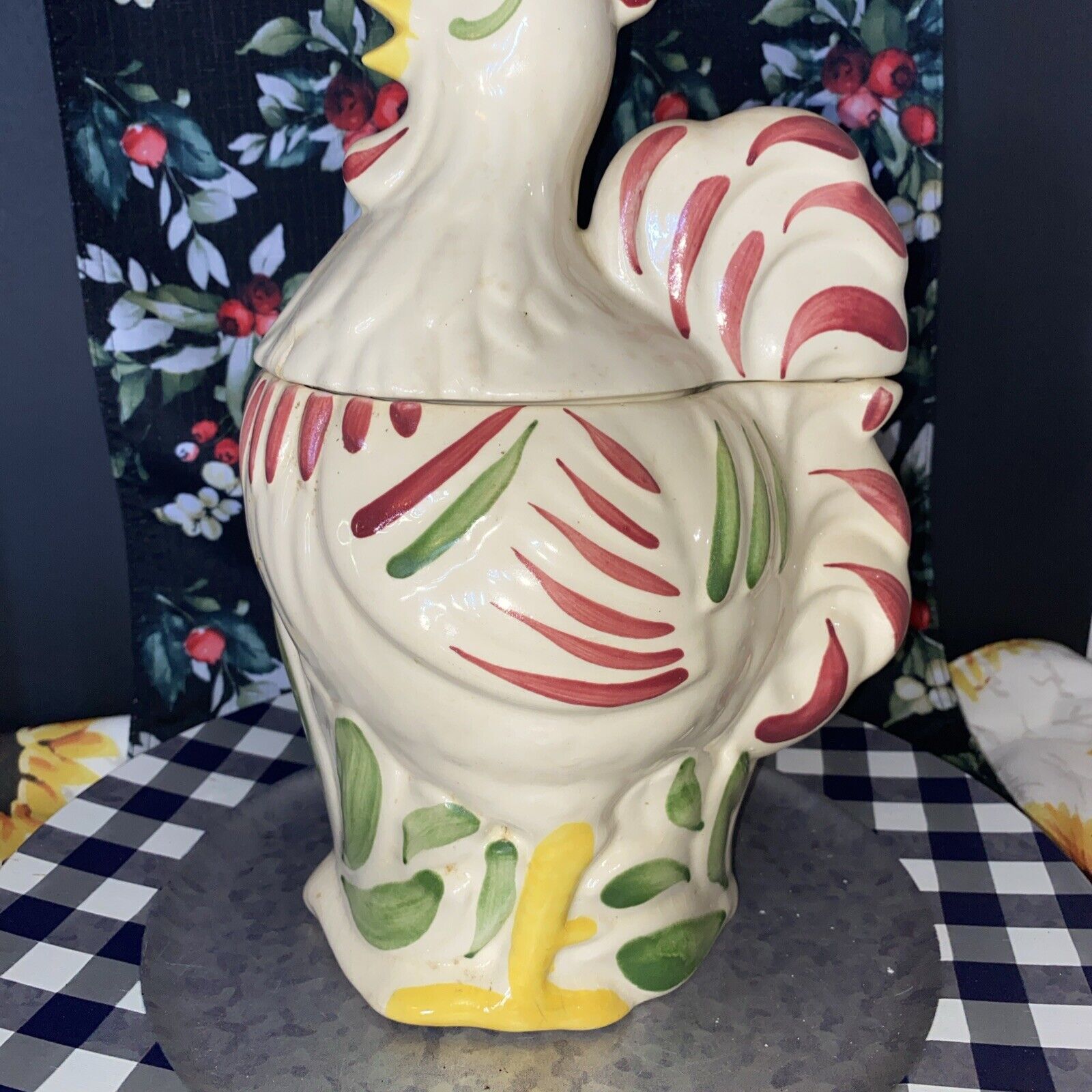 Vintage Purinton Slip 1950's Rooster/Chicken Cookie Jar Rare Has A Crack /chips