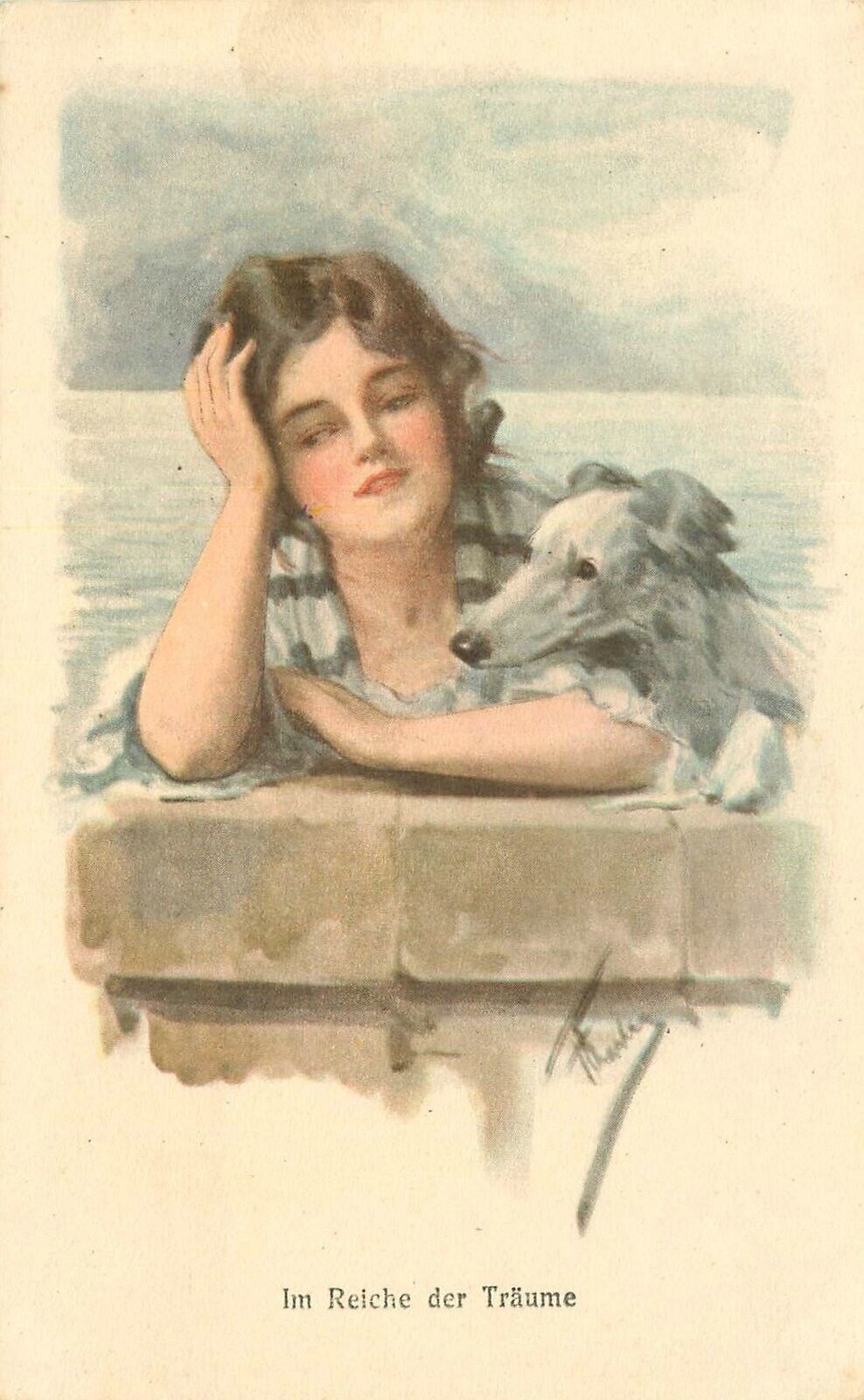 Postcard 1920s Artist Pretty Woman Dog artist impression 23-3156
