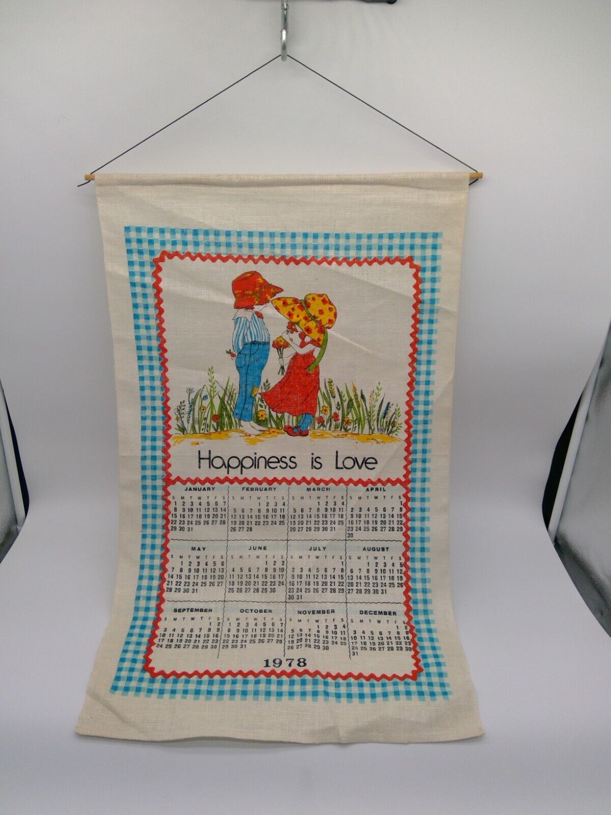 1978 -  Hanging Tea Towel Calendar - Happiness Is Love - Red/Blue - See Photos