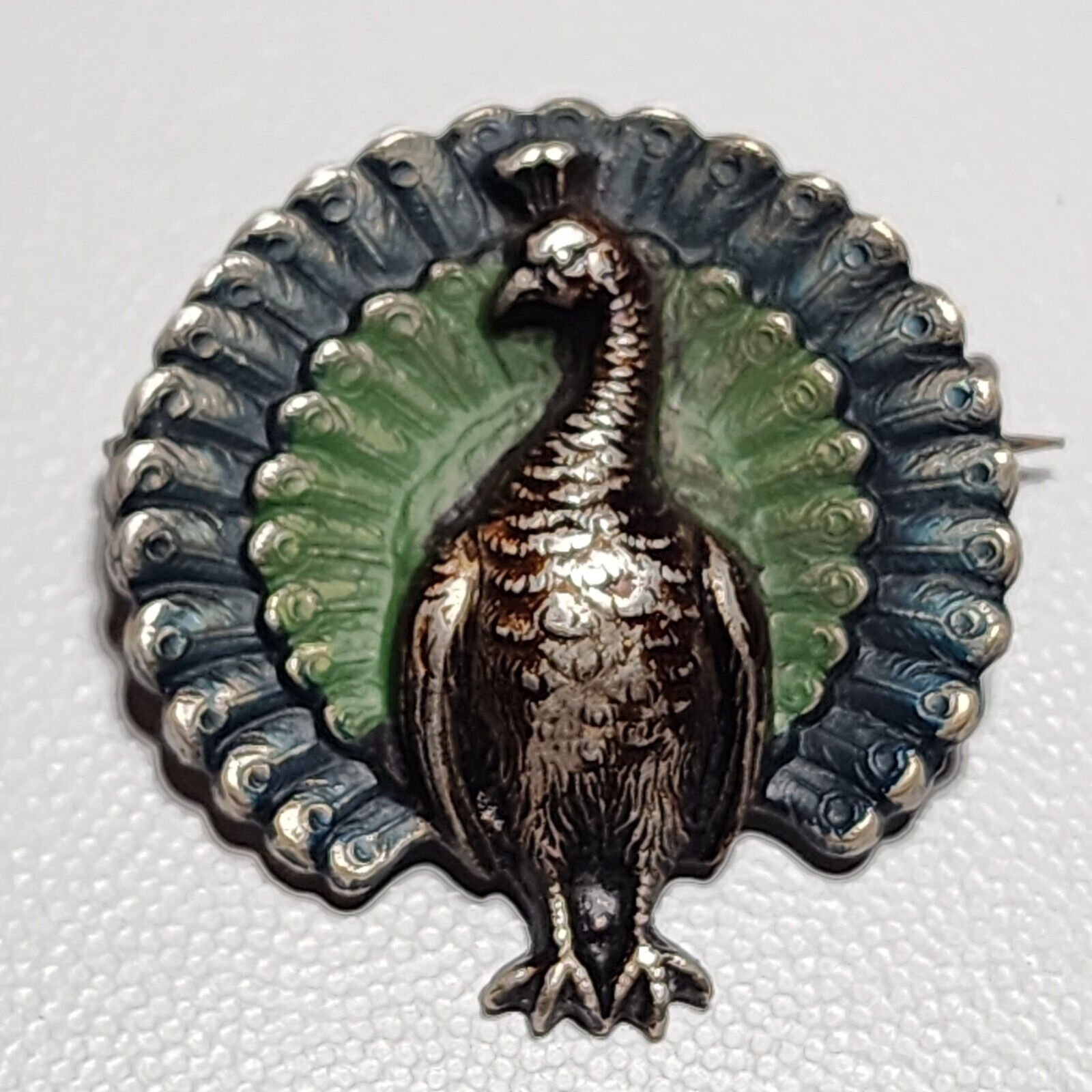 Antique Peacock Coin Silver Brooch Unsigned Attleboro Falls MA 1800\'s