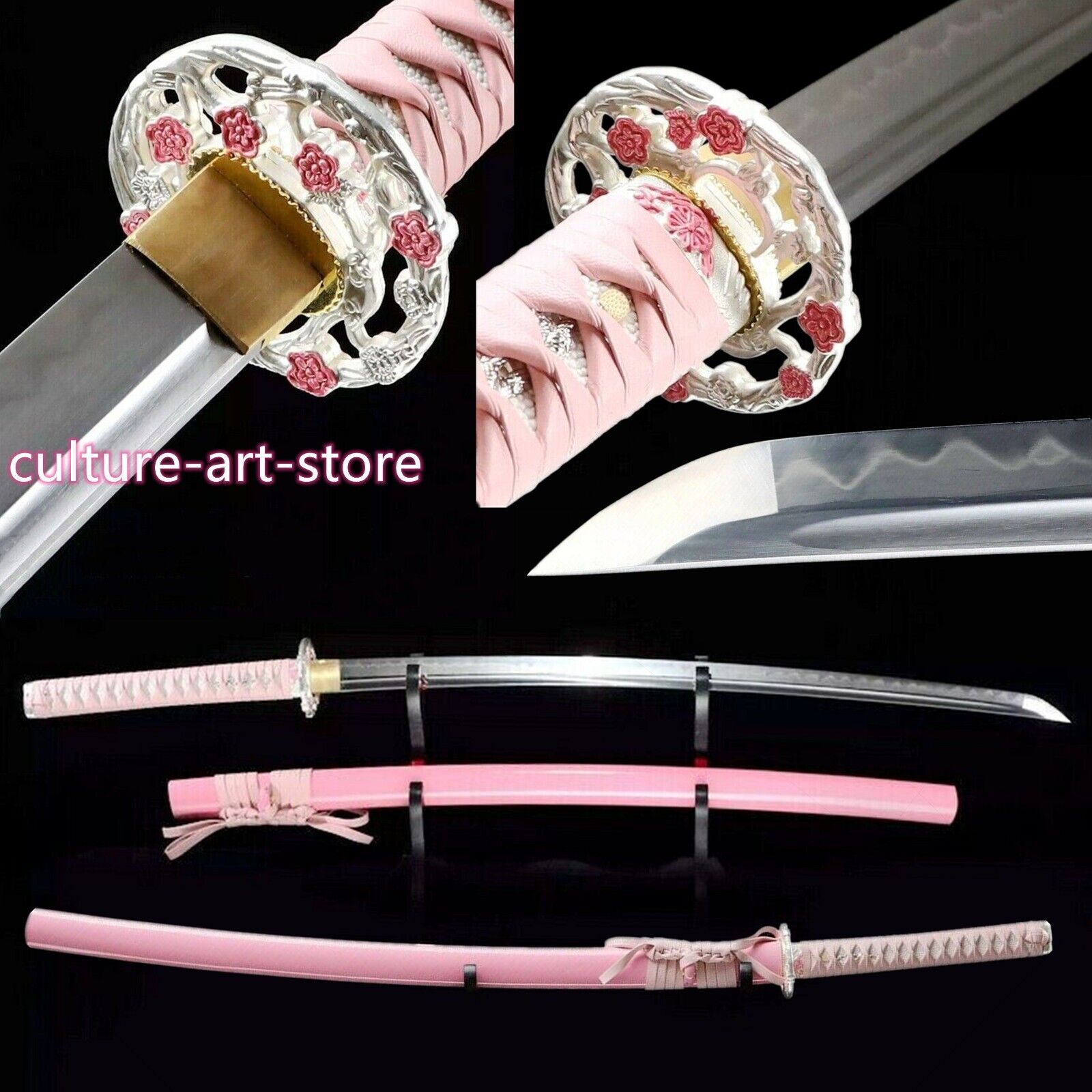 Pink Katana Real Hamon Japanese Katana Sword Clay Tempered Folded Steel Sharp