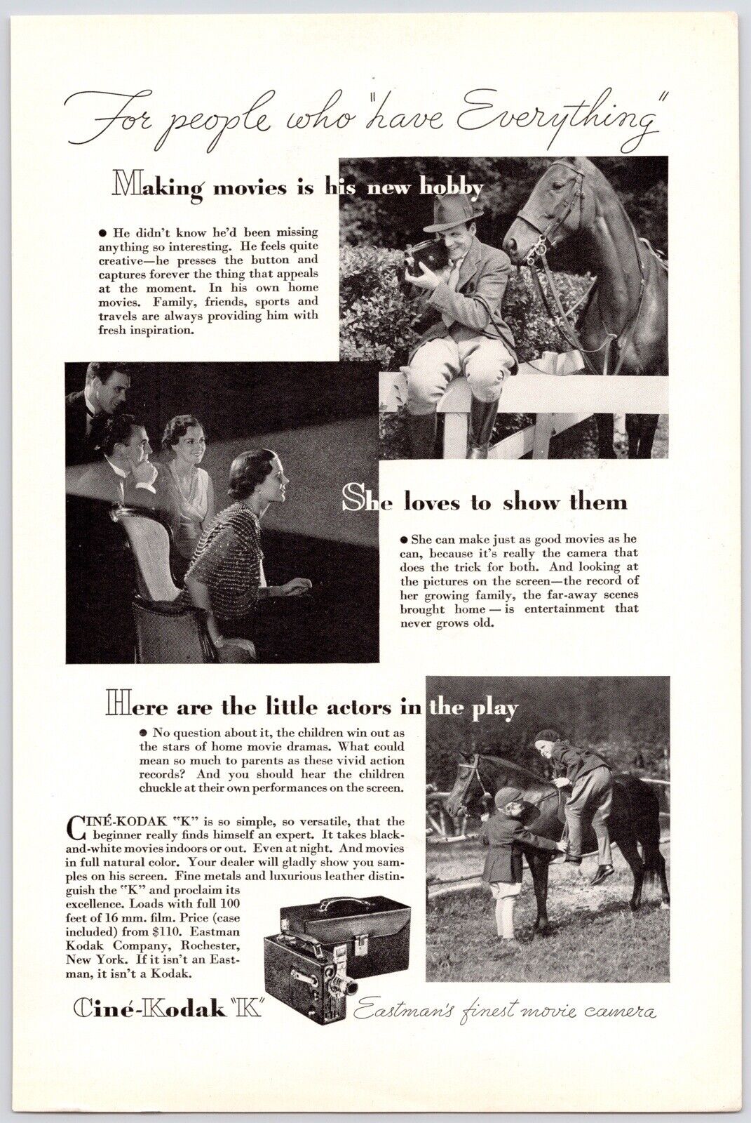 1935~Cine Kodak K~Home Movies~16 mm Film Camera~Vintage 30s Print Ad
