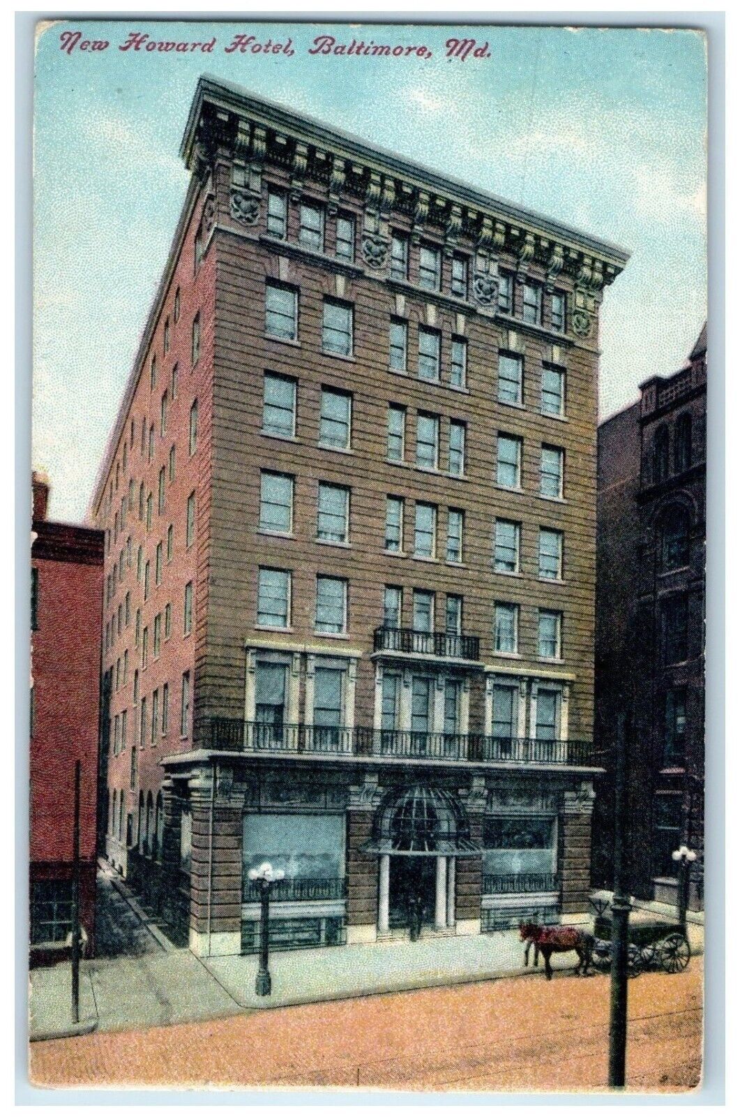 1911 New Howard Hotel Building Street View Baltimore Maryland MD Posted Postcard