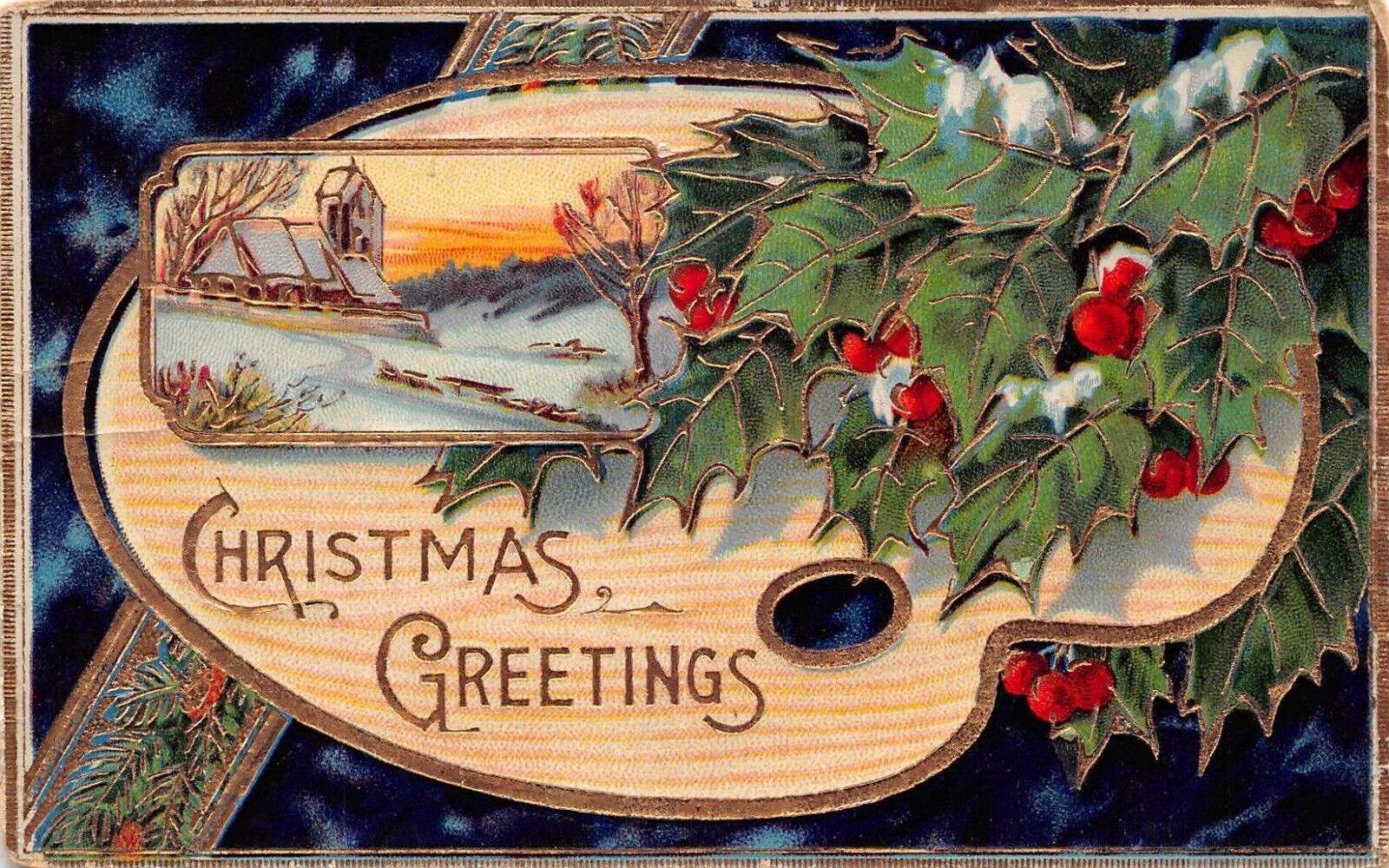 CHRISTMAS GREETING Artist Palette Winter Scene Holly Embossed 1910 Postcard 9136