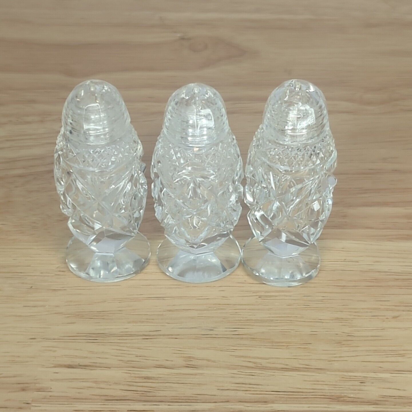 Set of 3 Matching Cut Glass Crystal Salt & Pepper Shakers with Glass Tops VTG