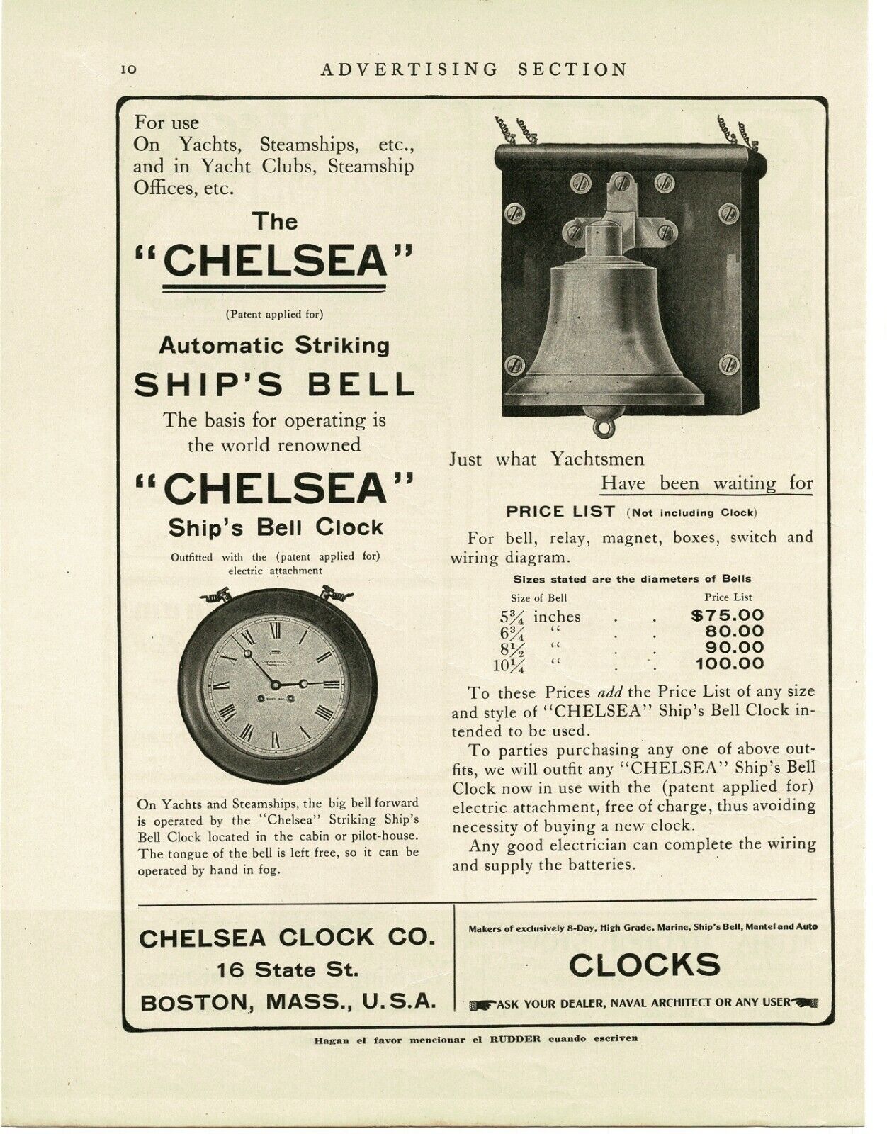 1911 CHELSEA CLOCK CO. Automatic Striking Ship\'s Bell Clock Vintage Print Ad